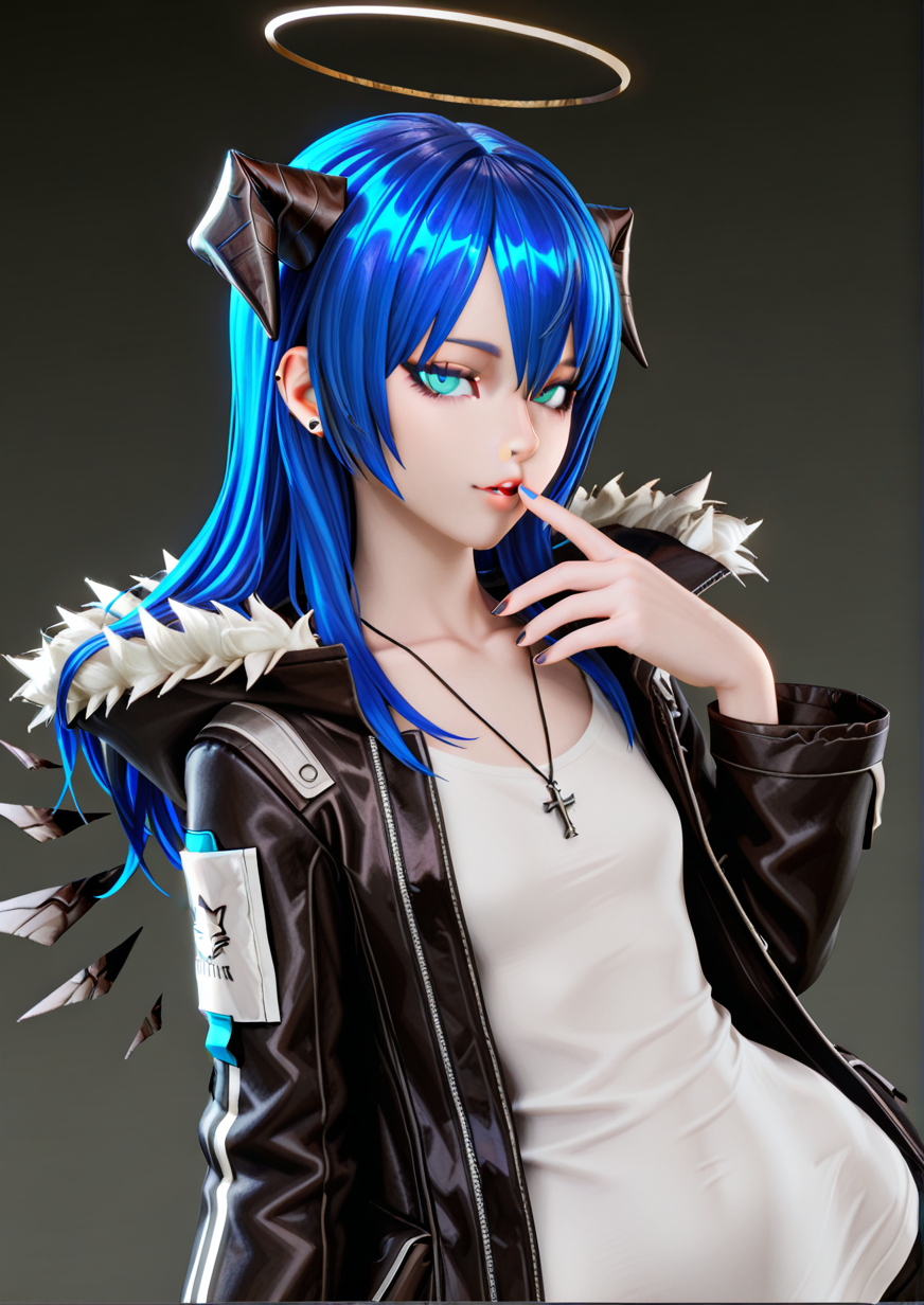<lora:tera_elinBLENDER:1>,
1girl, mostima (arknights), wide hips, flat chest, arknights, black coat, black nails, blue eyes, blue hair, blue nails, coat, collarbone, cross, cross necklace, ear piercing, finger to mouth, fingernails, fur-trimmed coat, fur trim, gradient background, grey background, hair between eyes, halo, hand up, hood, hood down, hooded coat, jewelry, long hair, long sleeves, looking at viewer, nail polish, necklace, open clothes, open coat, parted lips, piercing, shirt, solo, upper body, white shirt, 
animated, dynamic angle,very awa, masterpiece, best quality, highres, absurdes,amazing quality,very aesthetic,intricate details, <lora:hand 5.5:1>  ,