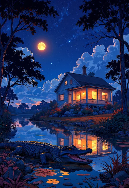 A house on stills in the swamps of Louisiana at night, stary sky, glowing bugs, full moon, an alligator in the foreground, colorful landscape with subtle glow, vibrant glow
