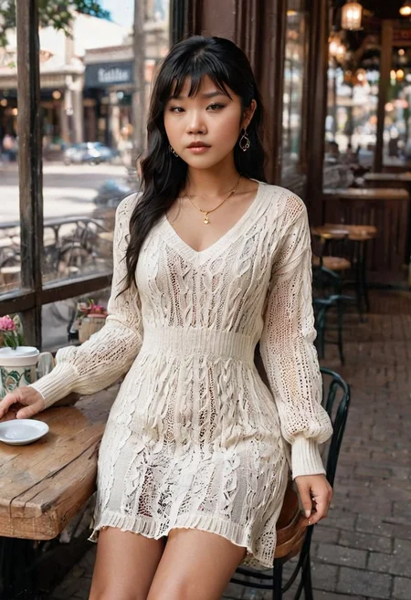 eye catching, majestic Leah Li, Petite, asian, darkskin,, 18 year old Chinese woman, flat chested, ((no boobs)), straight hair, earrings, eye liner, long bangs, 4k, very detailed, eyeliner, ((black hair)), ((blunt bangs)), ((slender face)), ((thin lips)), a cinematic photograph of a woman in a random color translucent lace sundress, sitting at a table in a cafe on the street. New Orleans
intricate jewelry, necklace, earrings, rings, bracelet, top unbuttoned, wind lifting a short skirt, stockings, long wavy hair, street lamp, potted flowers, tables of the summer cafe, a rag tent on the cafe,, giving the viewer a seductive look, OverallDetail, eye catching, drab, OverallDetail, LeaLi, coffeeyadream, holding coffee, full body view, cowboy shot, knitted sweater dress