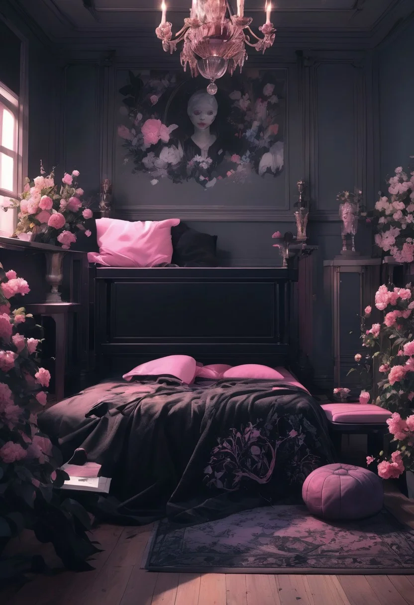 a room with a dark and gothic look, the bed has a black blanket and pillow with flowers, a blue beanbag sits in the corner of the room, a pink desk and chair stand by the bed