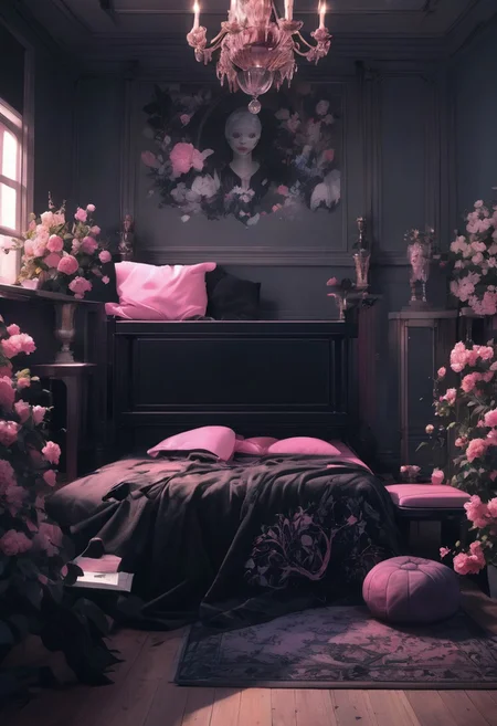 a room with a dark and gothic look, the bed has a black blanket and pillow with flowers, a blue beanbag sits in the corner of the room, a pink desk and chair stand by the bed