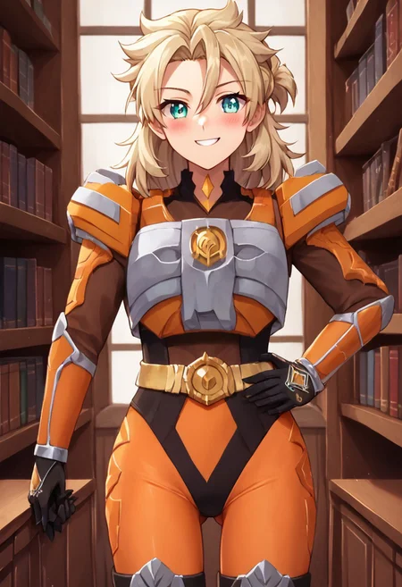 score_9, score_8_up, score_7_up, zPDXL, zPDXLpg, source_anime, <lora:offset_0.2:0.1>, <lora:spo_sdxl_10ep_4k-data_lora_webui:1>,
1girl, solo,
sazervisuel, orange bodysuit, brown leotard, belt, armor, gauntlets, black gloves, <lora:Sazer_Visuel:1>,
albedo,blonde hair,hair between eyes,aqua eyes,
smile, blush, hand on own hip, ass visible through thighs, looking at viewer,
cowboy shot,
indoors, library
