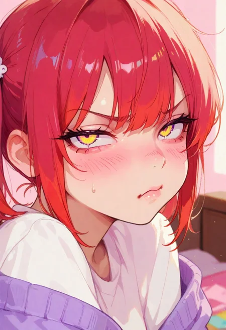 Flat colors, high detailed, high quality, masterpiece, best quality, very awa, absurdres, detailed eyes, detailed face, detailed skin, simple background, BREAK
(colourful:1.3), (cute character:1.5), (detailed face:1.4), (tsundere expression:1.5), (blush:1.3), (red hair:1.5), messy hair, twin tails, (sharp eyes:1.3), pouty lips, 1girl, 25 years old, adult, portrait, close-up, face focus, depth of field, looking at viewer, white shirt, purple cardigan, off shoulder, warm and sunny atmosphere, soft pastel colors, cozy bedroom, detailed background,
748cmstyle, artist:moriimee
