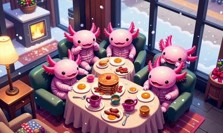 pikaole, axolotl, high-angle shot of a group of pink axolotls enjoying breakfast in a cozy hotel lobby with floor-to-ceiling windows, all wearing tiny pajama sets as they sit at a small table piled high with eggs, sausage, bacon, pancakes, and tiny syrup pitchers; snow falls softly outside, with the scene warmly lit by lamps and natural morning light; tilt-shift effect blurs the plush armchairs, holiday decor, and lobby furniture in the background, creating a warm, inviting breakfast scene with an intimate miniature feel, happy axolotls<lora:Axomodel_Flux_V1.1.safetensors:0.85:0.85> <lora:Pikaole v2 (FLUX)_v2_E6.safetensors:0.75:0.75>