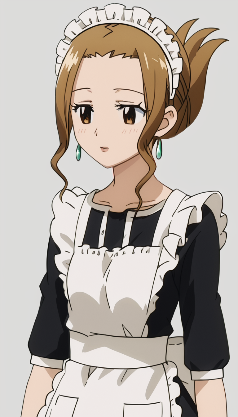 suzumother,1girl,brown eyes,earrings,brown hair,folded ponytail,<lora:Suzus_Mother-000007:1>,maid headdress,apron,, anime screencap,score_9,simple background,