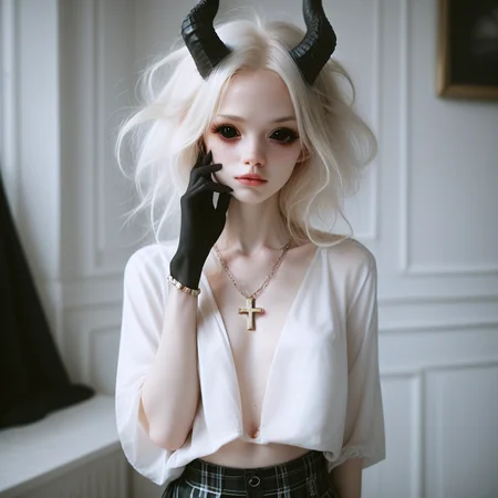 score_9_up, score_8_up, score_7_up,
1girl, solo, <lora:bdemonpony011:1>, colored skin, pale skin, white skin, black hands, black feet, pitch black eyes, monster girl, skinny, anorexic, slim, horns, white hair,
chain necklace, cross necklace, bracelets, white shirt and plaid skirt,
indoors, dark black room, music decorations, 80's punk style, solo, <lora:Skin Color_alpha1.0_rank4_noxattn_250steps:-1.5>