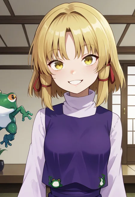 1girl, moriya suwako, 
yellow eyes, blonde hair, short hair, sidelocks, 
hair ribbon, white shirt, long sleeves, 
wide sleeves, turtleneck, 
purple vest, frog vest, 
bangs, 
(thick eyebrows:0.7), 
lip, 
small breasts, 
upper body, 
smile, 
indoors,