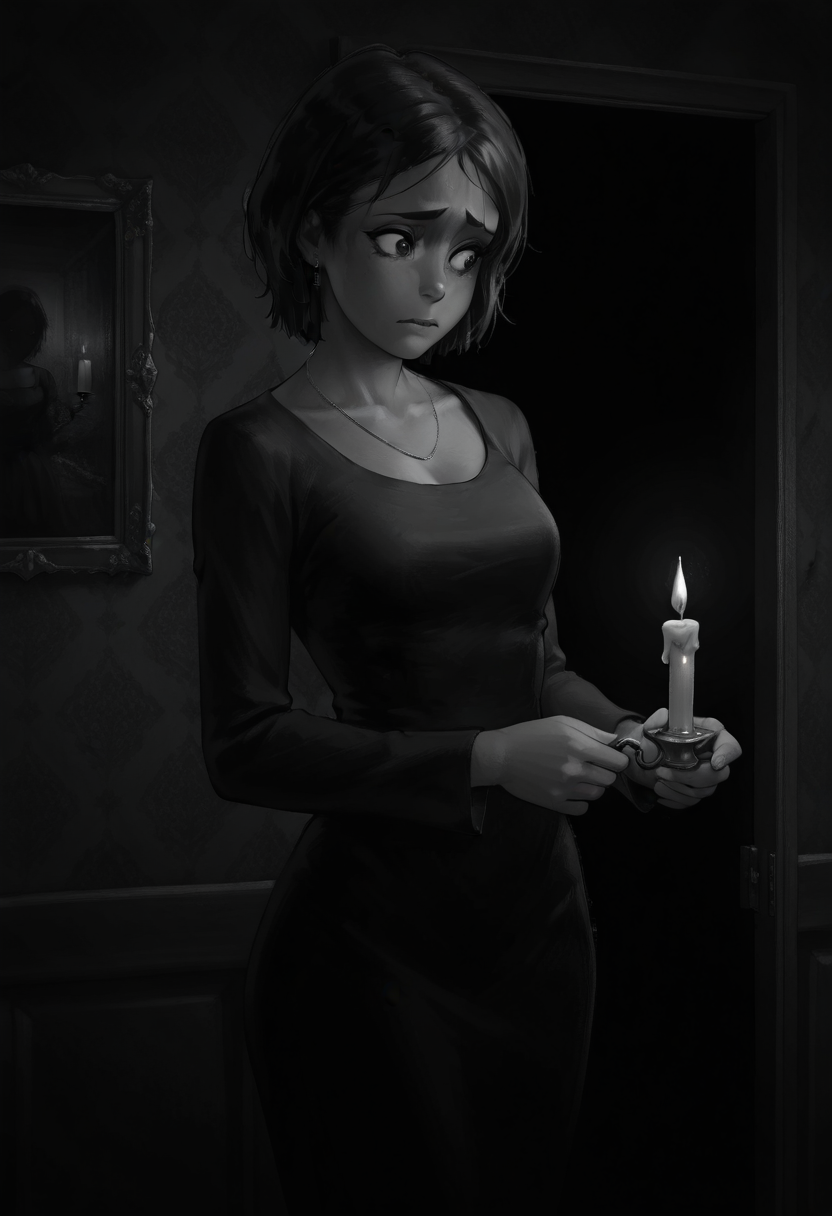 Graphic Design, greyscale, monochrome, intricate details, high contrast, detailed background, beautiful detailed, beautiful face, detailed eyes, detailed face, new, k4r1n4, 1girl, solo, jewelry, short hair, earrings, black hair, black dress, cowboy shot, looking at side, worried, (scared:0.7), room, dark, holding candle, candlelight, scary shadows, dynamic pose, (masterpiece, best quality, newest, recent, absurdres),
