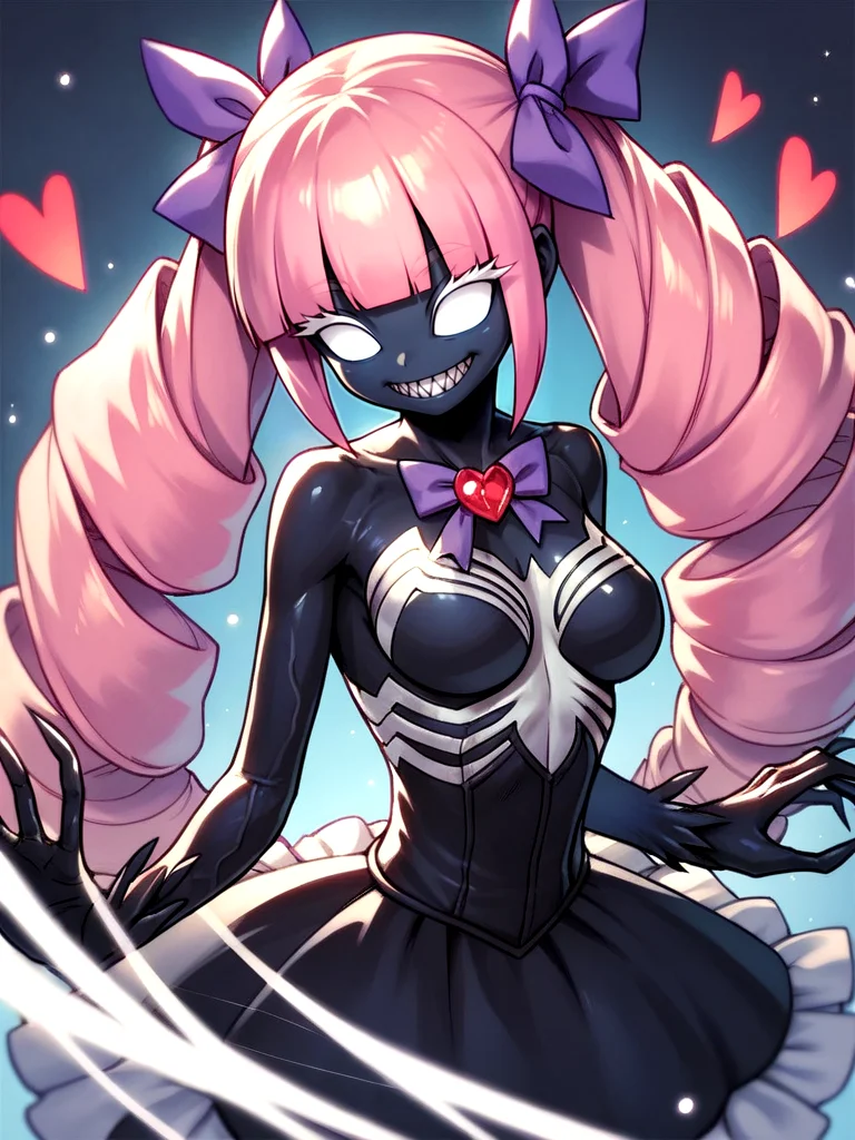 Score_9, score_8_up, score_7_up, score_6_up, score_5_up, BREAK, source_anime, magical girl, no humans, cute, black dress, purple ribbon, BREAK, colored black skin, monster girl, monsterification, personification, large pink hair, very long drill hair, blunt bangs, twintails, half-closed eyes, white eyes, white eyelashes, big sharp teeth, medium breasts, noseless, venom \(marvel\), symbiote, corset, white print, frilled sleeves, neck ribbon, red heart jewel, BREAK, <lora:Monsterification_V4:1>