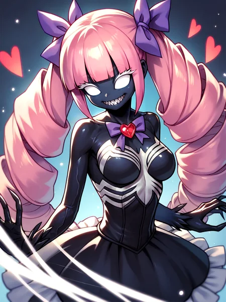 Score_9, score_8_up, score_7_up, score_6_up, score_5_up, BREAK, source_anime, magical girl, no humans, cute, black dress, purple ribbon, BREAK, colored black skin, monster girl, monsterification, personification, large pink hair, very long drill hair, blunt bangs, twintails, half-closed eyes, white eyes, white eyelashes, big sharp teeth, medium breasts, noseless, venom \(marvel\), symbiote, corset, white print, frilled sleeves, neck ribbon, red heart jewel, BREAK, <lora:Monsterification_V4:1>