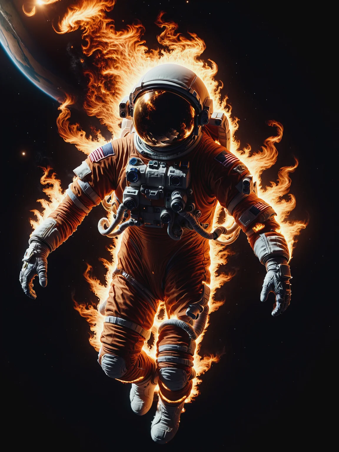 mad-flames astronaut in orbit of earth \(planet\), dramatic lighting, cinematic shot , dynamic pose <lora:Flames_SDXL:1>, raw photo, film grain, Fujifilm XT3, (photorealistic, realistic:1.2), deep shadow,  8k, uhd, dslr, ultra high res