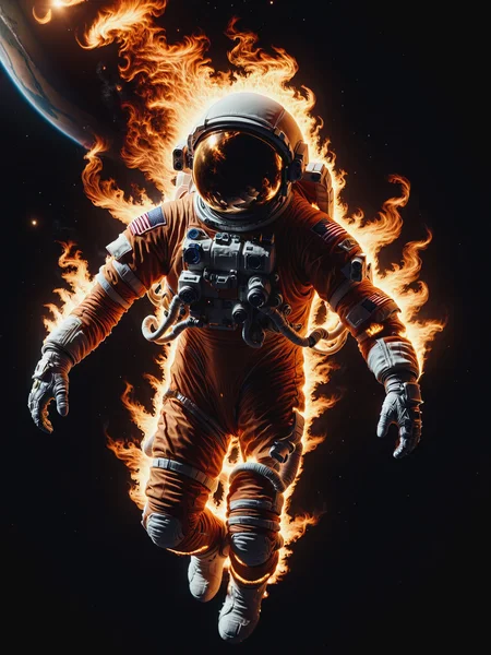 mad-flames astronaut in orbit of earth \(planet\), dramatic lighting, cinematic shot , dynamic pose <lora:Flames_SDXL:1>, raw photo, film grain, Fujifilm XT3, (photorealistic, realistic:1.2), deep shadow, 8k, uhd, dslr, ultra high res