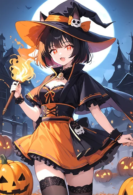 (masterpiece), (score_9, score_8_up, score_7_up,source_anime), 4K8K,
from behind, Floating Halloween pumpkins,
halloween, halloween fantasy, trick or treat, adjusting clothes,
Japanese cute woman, closed legs, (solo), cream skin, burning pumpkin, Fire Ball spell casting, (dark aura:1.4), open mouth, Canine, tooth, fang, cat tails,
(medium figure:0.9), (pointy breasts:1.1),
(opal hair, bob cut hair), (red glowing eyes, slanted eyes:1.2),
(wearing orange Witch Costume, witch, orange dress, orange hat, zettai ryouiki, orange garterbelt, thighhighs:1.2), misty, steam, fog, skull object, burning skull, burningeye, flaming eye, flaming sword,
(in Foggy graveyard at dark night:1.3), nekomata, cat girl, cat ears, animal ears, animal ear fluff,