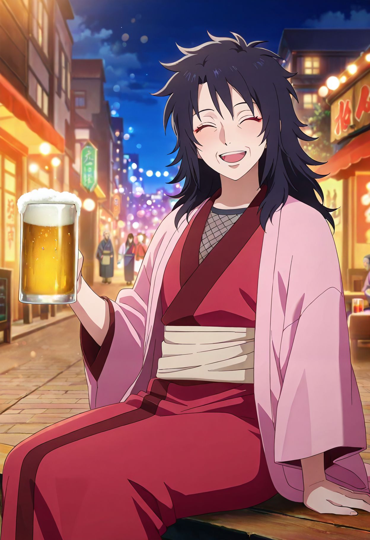 <lora:yuuhi_kurenai_v1b_pny:1> yuuhi_kurenai, 1girl, black hair, long hair, red eyes, japanese clothes, red kimono, pink haori, beige obi, fishnet top, old woman, looking at viewer, smile, open mouth, closed eyes, sitting, holding beer, beer mug, night, outdoors, street, city lights, bokeh, street vendor, source_anime, anime screencap