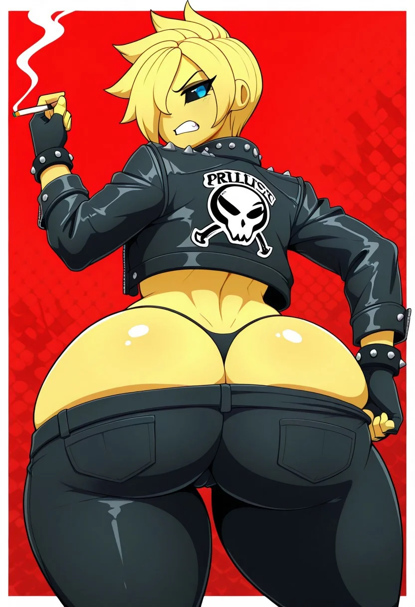 masterpiece, best quality, amazing quality, very aesthetic, high resolution, ultra-detailed, absurdres, newest, white border, (abstract background:1), ( red background | white background | blue background ), solo, 1female, hetero, voluptuous, curvy, huge thighs, al13nsp3c13sill, no nose, no ears, black sclera, blue eyes, yellow skin, yellow hair, hair over one eye, spiky hair, long sleeve leather jacket, tomboy, punk, spiky bracelet, black fingerless gloves,  black eyeshadow, black choke, black leggings, (gray tank top:0.5), (thong straps0.7), midriff, cowboy shot, camel toe, looking at viewer, looking back, thick thighs, huge ass, fat ass, (butt crack:0.4) annoyed, holding cigarette in right hand, left hand on hip, contrapposto, ((pulling pants up:1.3), gritting teeth,
