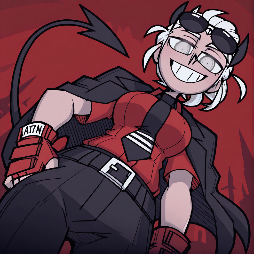 masterpiece,best quality,absurdres,highres, ,<lora:VanripperIllustriousXL_byKonan:1>, vanripper,  <lora:Justice_Helltaker:0.8>, justicetaker, horns, shirt, gloves, 1girl, jacket, solo, sunglasses, red gloves, necktie, red shirt, fingerless gloves, tail, demon tail, jacket on shoulders, black necktie, demon girl, white hair, pants, black pants, eyewear on head,ponytail, from_below, smile, teeth, red background