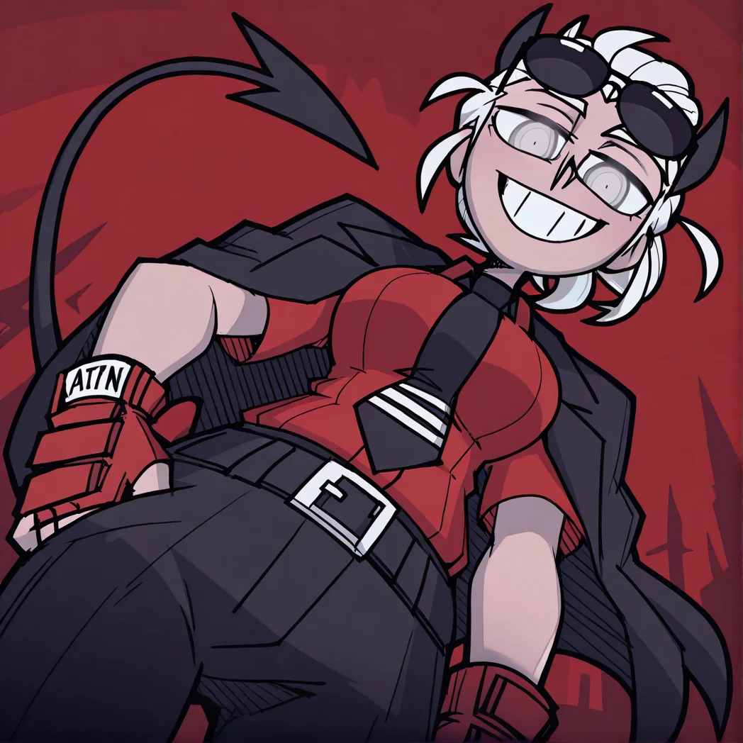 masterpiece,best quality,absurdres,highres, ,<lora:VanripperIllustriousXL_byKonan:1>, vanripper, <lora:Justice_Helltaker:0.8>, justicetaker, horns, shirt, gloves, 1girl, jacket, solo, sunglasses, red gloves, necktie, red shirt, fingerless gloves, tail, demon tail, jacket on shoulders, black necktie, demon girl, white hair, pants, black pants, eyewear on head,ponytail, from_below, smile, teeth, red background