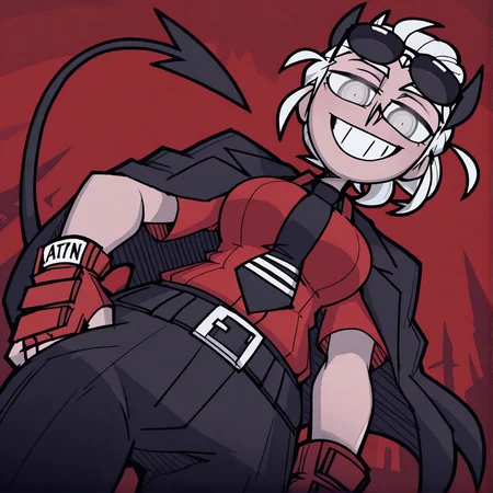 masterpiece,best quality,absurdres,highres, ,<lora:VanripperIllustriousXL_byKonan:1>, vanripper, <lora:Justice_Helltaker:0.8>, justicetaker, horns, shirt, gloves, 1girl, jacket, solo, sunglasses, red gloves, necktie, red shirt, fingerless gloves, tail, demon tail, jacket on shoulders, black necktie, demon girl, white hair, pants, black pants, eyewear on head,ponytail, from_below, smile, teeth, red background