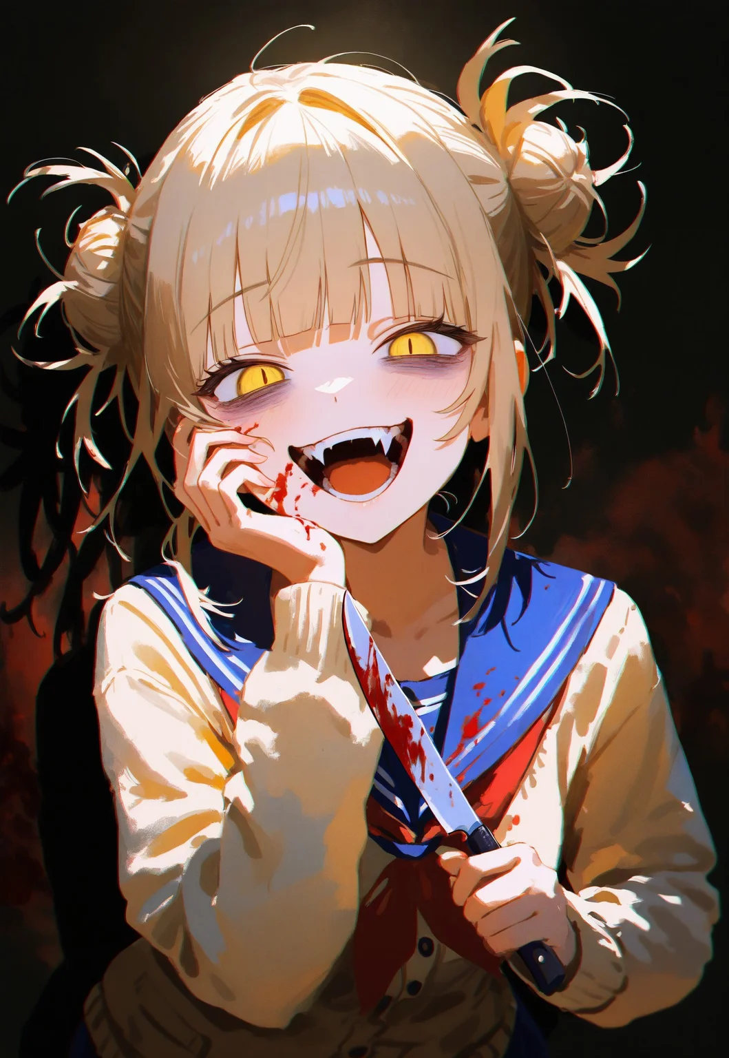 masterpiece, high score, great score, absurdres, 1girl, toga himiko, solo, blood, blonde hair, hair bun, knife, double bun, yellow eyes, holding knife, fangs, open mouth, teeth, school uniform, smile, hand on own face, holding, looking at viewer, blood on face, serafuku, sailor collar, blunt bangs, long sleeves, cardigan, messy hair, weapon, blue sailor collar, yellow cardigan, blood on weapon, blood on knife, crazy smile, hand on own cheek, slit pupils, collarbone, holding weapon, skirt, upper body, narrowed eyes, bags under eyes, night, dark,depth of field, chromatic aberration, faux traditional media, painterly, drop shadow, blood, multicolored backgroun, warm color, colorful, impressionism, photo background