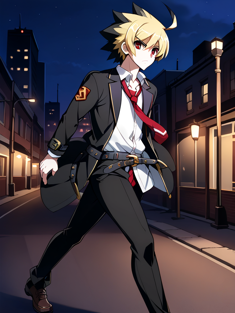 1boy, solo, hydeuni, spiked hair, two-tone hair, multicolored hair, blonde hair, black hair, ahoge, red eyes, black jacket, white shirt, collared shirt red shirt, layered clothes, red necktie, belt, black pants, shoes, school uniform, full body, outdoors, night, city, street, walking, serious, looking at viewer