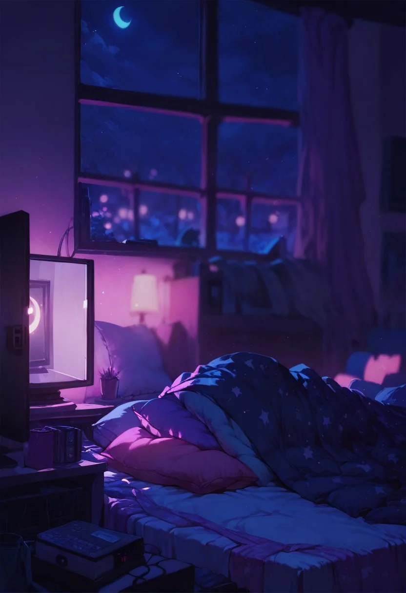 score_9, score_8_up, score_7_up, (((night time, pink lighting)), (blanket, pillow, tv, fan), (dark bedroom, window), (depth of field)