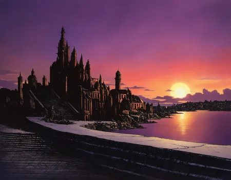 masterpiece, realism, traditional media, no humans, scenery, sunset, sky, cloud, stairs, ocean, outdoors, sun, castle, horizon, building, tower, purple sky, water, cloudy sky, orange sky, twilight, ruins, city, dusk, cityscape, sunlight, red sky, architecture, gradient sky, evening, sunrise, hatching \(texture\), <lora:Lupin the Third Illustrious 0.1:1>