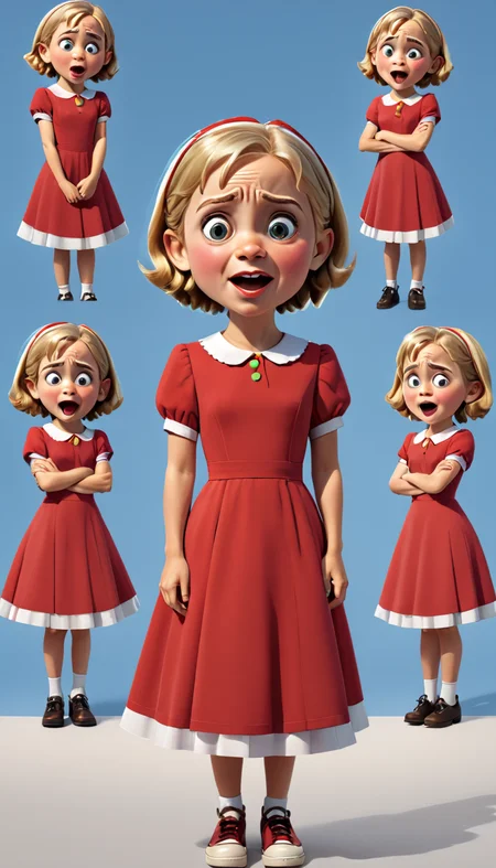 <lora:MeanNelly_Pony_XL:1> A MeanNelly girl is depicted in various poses showcasing different expressions and angles. The building has colorful posters on its side. Red dress.