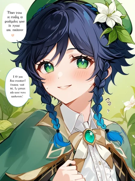 <lora:温迪:1>ï¼venti_\(genshin_impact\), hat, braid, green_headwear, twin_braids, male_focus, green_eyes, black_hair, beret, blue_hair, multicolored_hair, flower, smile, white_flower, bangs, bow, gradient_hair, shirt, collared_cape, looking_at_viewer, leaf, collared_shirt, white_shirt, 1boy, short_hair_with_long_locks, cape, closed_mouth, hat_flower, androgynous, speech_bubble, solo_focus, blush, 2boys, english_text, multiple_boys