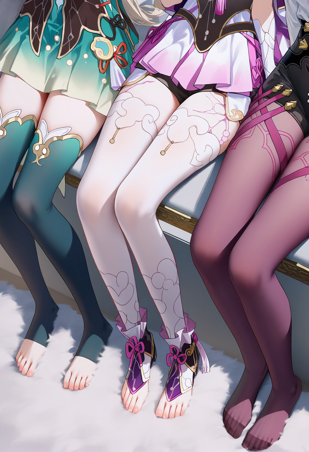 fu xuan \(honkai: star rail\),kafka \(honkai: star rail\),firefly (Honkai: Star Rail),(artist:reoen:0.826446),artist:machi,<lora:nai_ILL:0.2>,(artist:ningen_mame:0.9),(artist:sho_(sho_lwlw):0.9),(artist:rhasta:0.9),(artist:wlop:0.7),(artist:ke-ta:0.6),(fkey:0.5),(tianliang duohe fangdongye:0.5),(hiten \(hitenkei\):0.6),best quality,amazing quality,(artist:onineko:0.826446),very aesthetic,
feet,legs,greek toe,lower body,(3girls:1.2),no shoes,indoors,frills,thighs,sitting,(out of frame:1.2),fine fabric emphasis,official alternate costume,purple skirt,(from above:1.3),green gradient skirt,frilled,white toeless legwear,
fur carpet,purple pantyhose,short shorts,green thighhighs,facing another,, masterpiece,, best quality, amazing quality, very aesthetic, absurdres,