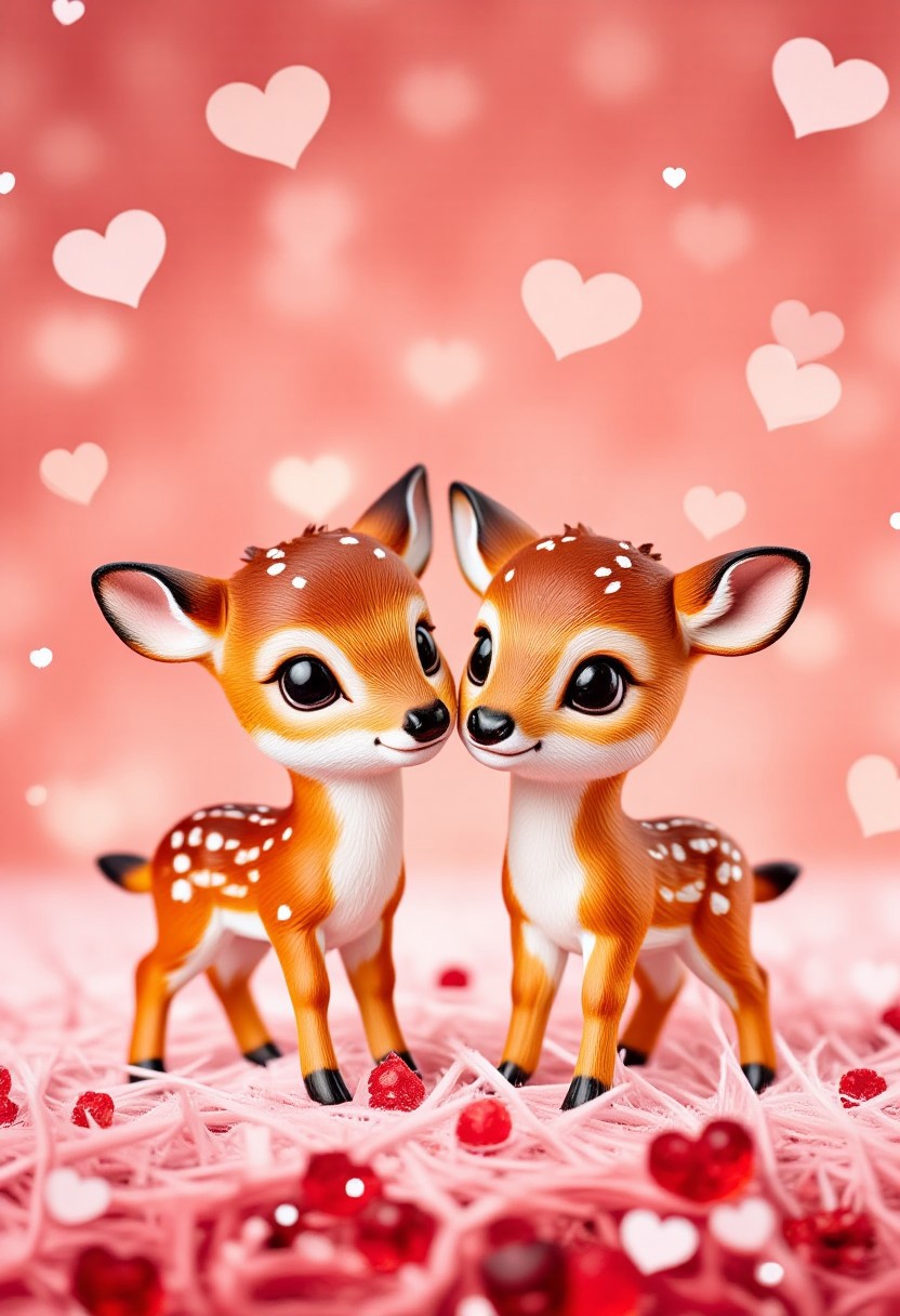 masterpiece,best quality,amazing quality, mature, clean lines, subtle lighting, bold outlines, cel shading, very aesthetic, absurdres, newest,
two cute tiny deers, valentine day, (heart shaped particles, heart shaped background:1.3), thick outlines watercolor, heart-shaped, tiny, soft, warm, small zhibi, cute