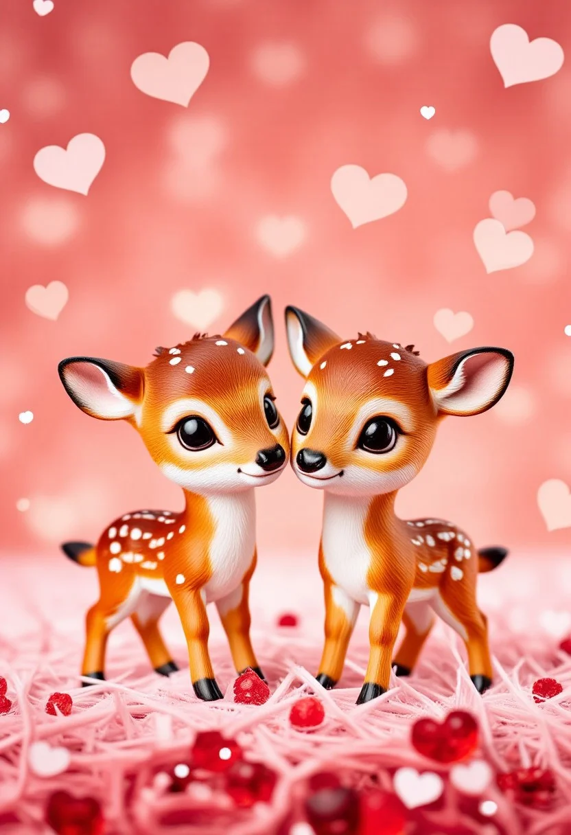 masterpiece,best quality,amazing quality, mature, clean lines, subtle lighting, bold outlines, cel shading, very aesthetic, absurdres, newest,
two cute tiny deers, valentine day, (heart shaped particles, heart shaped background:1.3), thick outlines watercolor, heart-shaped, tiny, soft, warm, small zhibi, cute