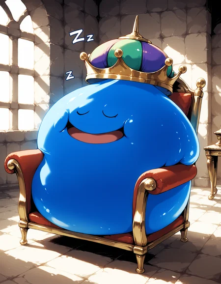 zPDXL3,masterpiece,extreme detailed,full_body,indoors,
BREAK 1other,no humans,king slime,slime (dragon quest),crown,:D,open mouth,<lora:king slime-v4-pony:1>,(throne:1.1),blue skin,sitting,closed eyes,sleeping,nose bubble,zzz,