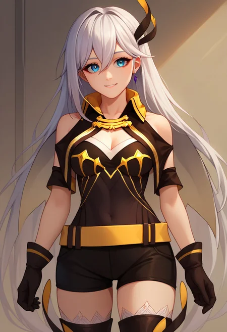 score_9, score_8_up, score_7_up, source_anime, good anatomy, solo, 1girl, CeciliaSchariac, blue eyes, long hair, white hair, hair ornament, bare shoulders, black and yellow collar, raised collar, black and yellow capelet, black shirt with gold trim, yellow belt, black shorts, short shorts, thigh boots, black gloves, standing, smiling