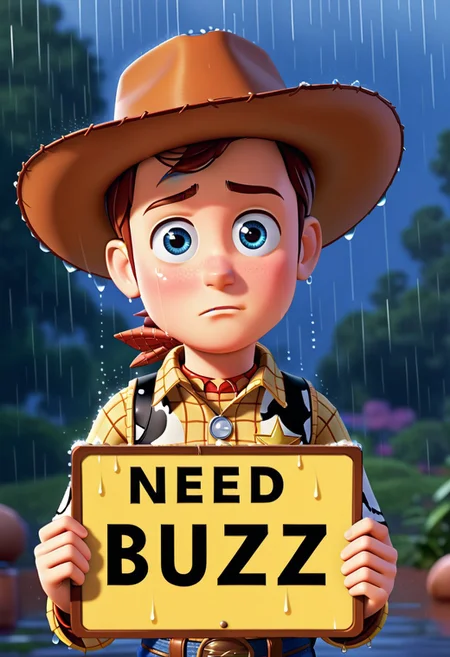 Woody from toy story with cowboy hat, big sad eyes with tears, looking at viewer, holding a sign that says “Need BUZZ”, text, It is pouring down rain.
