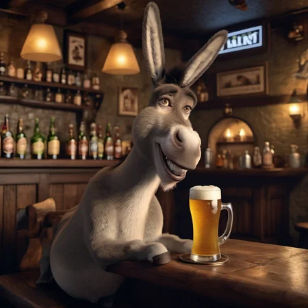 cinematic photo a donkey having a beer in a pub <lora:Donkey1024:0.8> . 35mm photograph, film, bokeh, professional, 4k, highly detailed