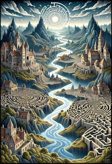 dvr-hgh-fnt, by M.C. Escher, high detail, high quality, masterpiece, reflections, high detailed textures, absurd resolution, optical illusions, 
maze with minotaur, villages, rivers, waterfalls, night sky