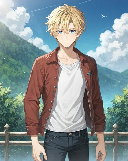 score_9, score_8_up, score_7_up, original style, depth of field, BREAK, rating_safe, 1boy, solo, yaoi, male focus, cowboy shot, skinny, <lora:brammashell_pony:1> brammashell_gc, blonde hair, blue eyes, short hair, hair between eyes, bangs, casual, pants, looking at viewer, facing viewer, outdoors, day,<lora:sdxl_lightning_8step_lora:1> <lora:xl_more_art-full_v1:0.5> <lora:Pony_DetailV2.0:1> <lora:Pony_QualityV4.0:1>