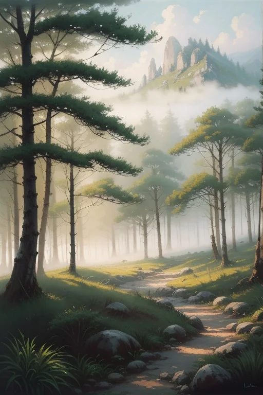 a blanket of mist descends upon the ancient forest, <lora:add_detail:0.7>, <lora:cartoonisationer-V4-8:1>, <lora:oil_painting:0.65>, impressionist oil painting style, vibrant and dynamic brush strokes, soft pastel colors, mist enveloping the forest with a sense of movement, capturing the fleeting beauty of the scene