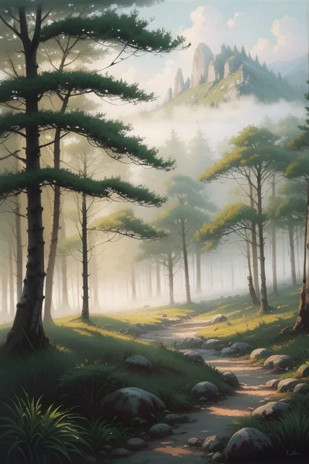 a blanket of mist descends upon the ancient forest, <lora:add_detail:0.7>, <lora:cartoonisationer-V4-8:1>, <lora:oil_painting:0.65>, impressionist oil painting style, vibrant and dynamic brush strokes, soft pastel colors, mist enveloping the forest with a sense of movement, capturing the fleeting beauty of the scene
