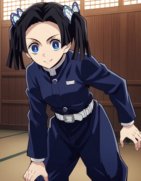 score_9, score_8_up, score_7_up, source_anime,
aoikanzaki, <lora:aoi-kanzaki-anime-ponyxl-lora-nochekaiser:1>,
aoi kanzaki, blue eyes, black hair, hair ornament, twintails, butterfly hair ornament,
long sleeves, belt, pants, blue jacket, white belt, demon slayer uniform, blue pants,
indoors, dojo, bent over, smile,
solo, looking at viewer, cowboy shot, dutch angle,