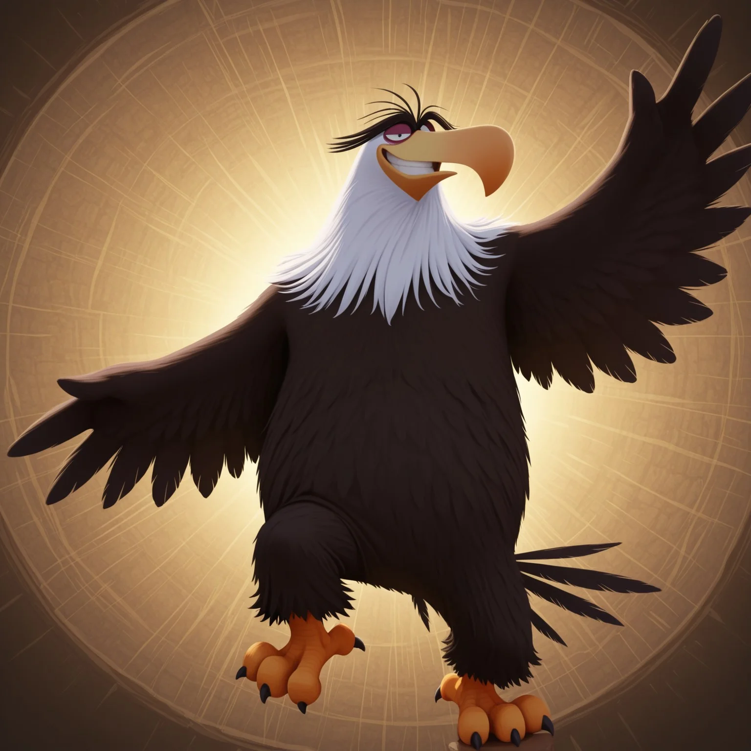 MightyEagle, 2d, 1boy, Male, furry, furry male, brown feathers, white feathers, two tone feathers, eagle, feathered hands, brown tail feathers, winged arms, white head, feathered head, thick eyebrows, long yellow beak, orange feet, talons, small legs, black toe claws, purple eyelids, black eyes, small pupils, eyebags
BREAK posing, full body, abstract background, grinning, looking at viewer
BREAK best quality, amazing quality, very aesthetic, absurdres, newest, masterpiece, high quality