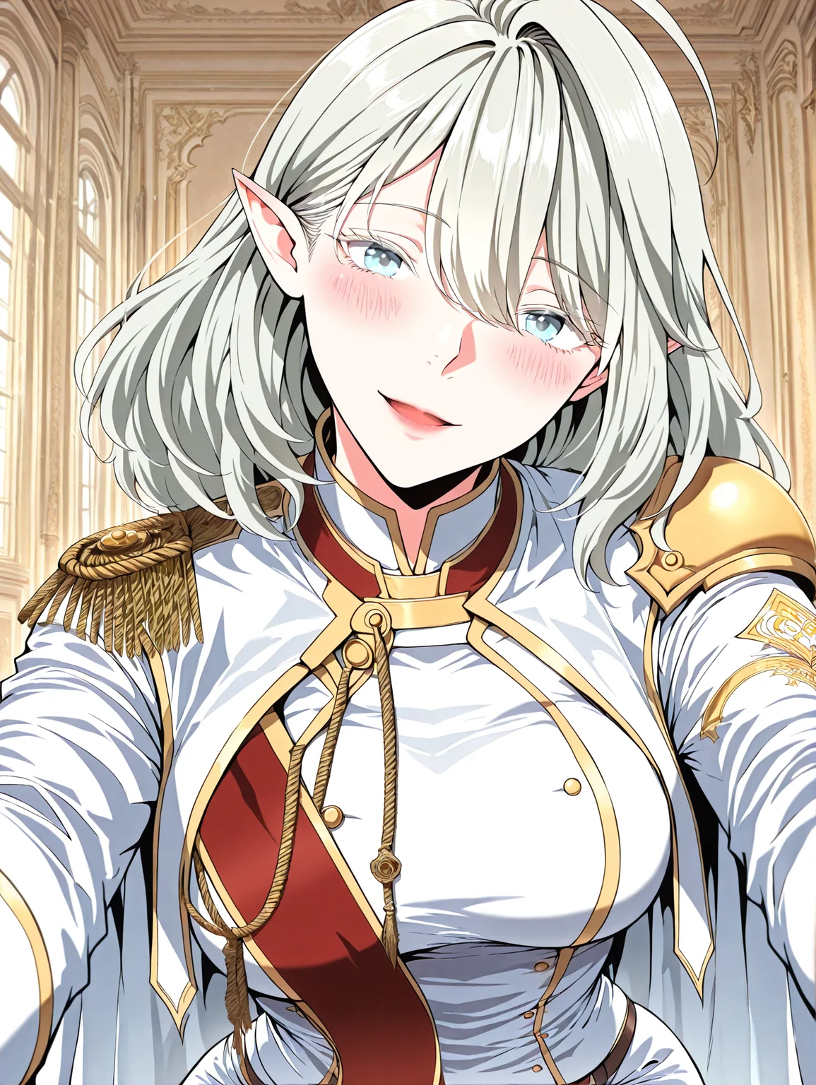 <lora:Alea_Triscan__The_Beginning_After_the_End__Illustrious:1>
1 girl, solo, elf, pointy ears, light blue eyes, grey hair, medium hair, hair behind ear, hair between eyes,ahoge, military uniform, white cape, epaulettes, ring, jewelry, white pants, long sleeves, white thigh boots, thighhighs, high heels, belt, white jacket, red sash
score_9, score_8_up, score_7_up, score_6_up, source_anime, rating_explicit, 1girl, solo, smile, embarrassed, alcalose eyes, open mouth, mansion, indoors, looking at viewer, outstretched arms, pov, close-up, (head tilt:1.2), <lora:iLLMythG0thicL1nes:1>