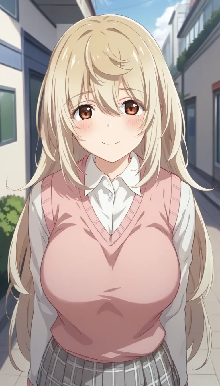 score_9,score_8_up,score_7_up,score_6_up BREAK official art,solo,outdoors,upper body,(portrait:1.5),looking at viewer,facing viewer,smile,blush,Ookami Hinako,very long hair,light brown hair,sidelocks,hair between eyes,bangs,brown eyes,taut clothes,school uniform,sweater vest,pink vest,white shirt,collared shirt,dress shirt,long sleeves,large breasts,miniskirt,grey skirt,plaid skirt,pleated skirt,black socks,loafers,<lora:Ookami Hinako(oswt)-Pony:1.5>,
