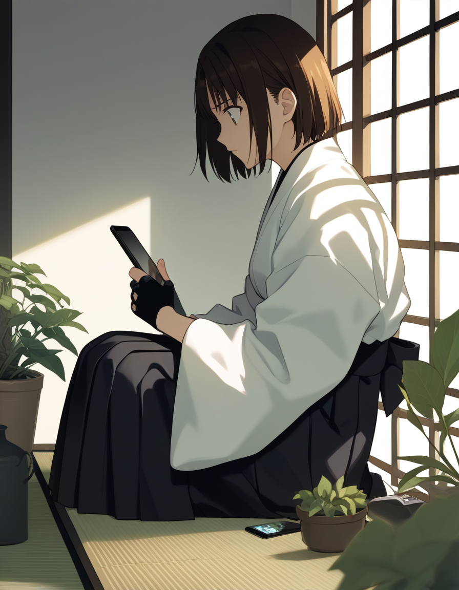 score_9,  score_8_up, score_7_up, source_anime
<lora:ayako-ponyxl-000035:1>  mitsuzuri, kimono, white kimono, hakama skirt, black skirt, single glove, partially fingerless gloves, muneate,
1girl, sitting, from side, looking at phone, worried, plants, volumetric lighting, cinematic lighting