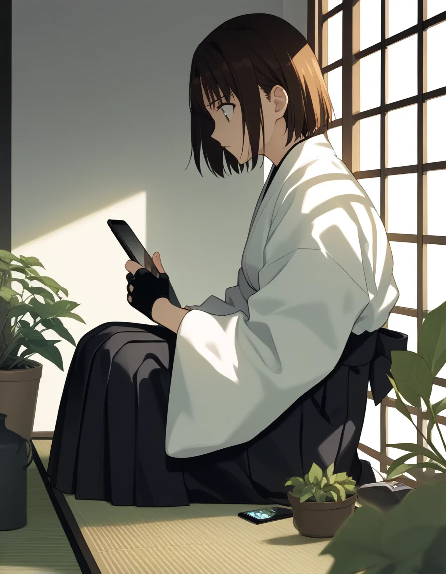 score_9,  score_8_up, score_7_up, source_anime
<lora:ayako-ponyxl-000035:1>  mitsuzuri, kimono, white kimono, hakama skirt, black skirt, single glove, partially fingerless gloves, muneate,
1girl, sitting, from side, looking at phone, worried, plants, volumetric lighting, cinematic lighting