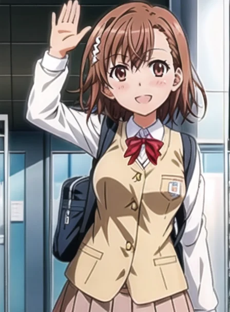 MisakaMikoto-2600:0.7,misaka mikoto, highres,(masterpiece_1.0),(best quality_1.0),(standing),school uniform,smiling, waving