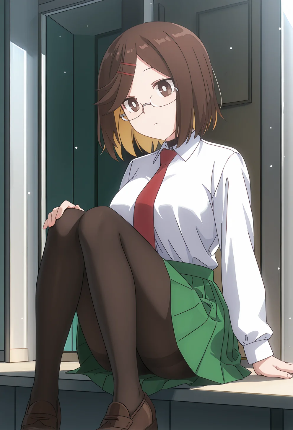 masterpiece,best quality,
<lora:Koga_Konoha_v1.0_Illustrious-000040:1>,
Koga Konoha,brown eyes,brown hair,
hairclip,pleated skirt,red necktie,white shirt,black pantyhose,glasses,green skirt,brown footwear