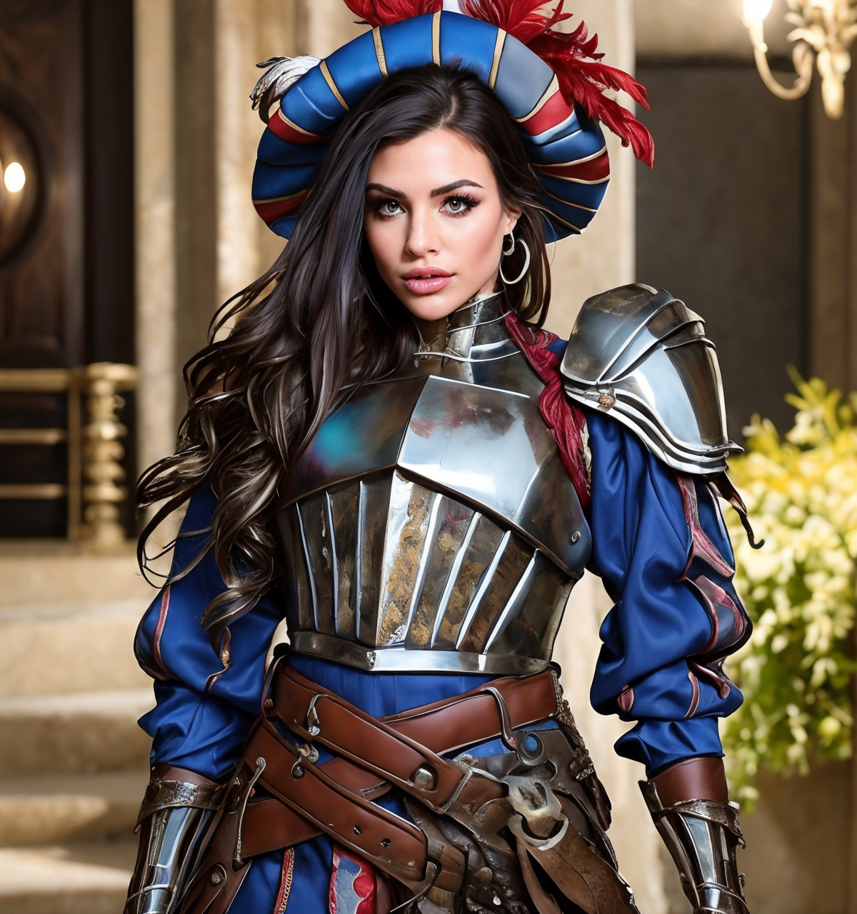 RAW photo, (masterpiece:1.3), subsurface scattering, heavy shadow, (high quality:1.4), (intricate, high detail:1.2), professional photography, HDR, High Dynamic Range, realistic, ultra realistic, photorealistic, high resolution, film photography, ambient lighting, atmospheric effects, <lora:detail_slider_v4:2>, OverallDetail, <lora:Melissa:1>, melissa, jewelry, earrings, dark makeup, black hair, looking at viewer, <lora:PortraitMasterV1:0.6>, 22facelexia88,  (upper body shot), as a female landsknecht, <lora:Landsknecht:0.8>, (plumed hat), boots, armor,  <lora:zoom_slider_v1:2>, <lora:cleavage:-1>, simple background, epiCPhoto