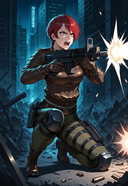 masterpiece, best quality, detailed, realistic, angry, open mouth, 1girl, solo, tweedre, red hair, short hair, brown leather jacket, pants, knee pads, belt, holsters, gloves, holding weapon, heavy machine gun, firing, bullet shells, on one knee, city, destruction, at night,