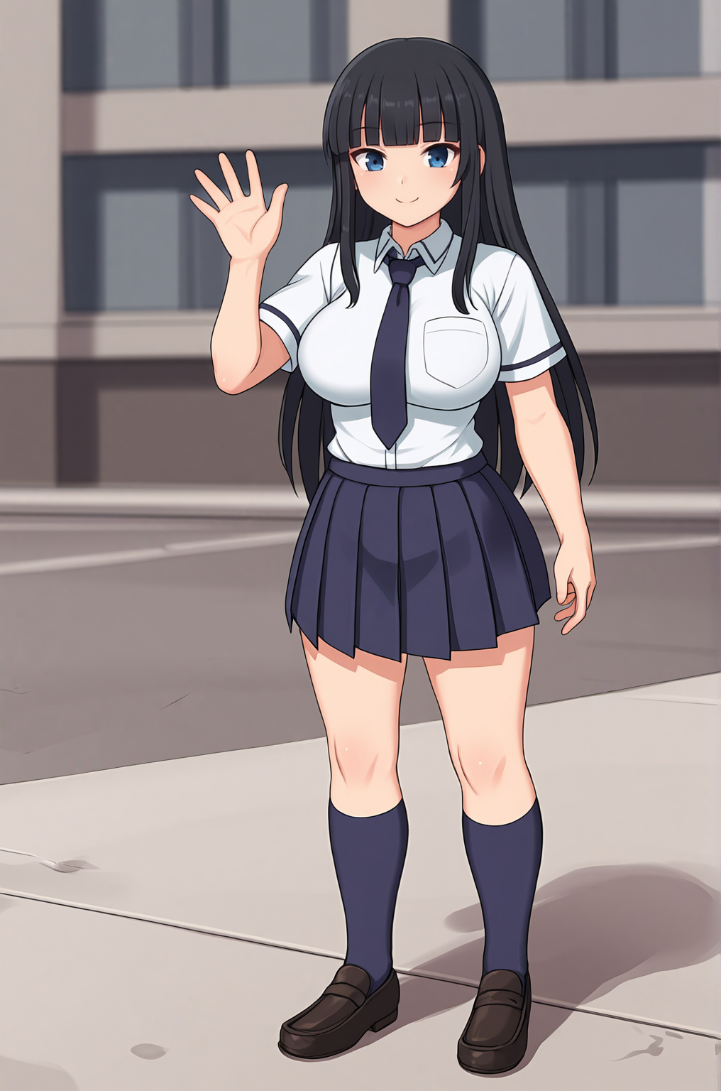 anime artwork, score_9, score_8_up, score_7_up, source_anime, BREAK, thick outline, fat outline,
Ikaruga_XL, long black hair, blunt bangs, hime cut, dark blue eyes, large breasts, BREAK, Ikaruga_School, school uniform, blue necktie, white buttoned shirt, pleated skirt, dark blue kneehighs, black loafers, BREAK, outdoors, waving,
<lora:Ikaruga_XL:0.7>
<lora:PersonalAmi_PonyXL:1.0>